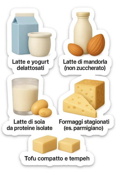 emoji stile iphone 3d di questi elementi che fluttuano in aria:

Latte e yogurt delattosati
Latte di mandorla (non zuccherato)
Latte di soia da proteine isolate
Formaggi stagionati (es. parmigiano)
Tofu compatto e tempeh
 che fluttuano in aria,  le etichette scrivile in italiano, iperealistico 4k sticker