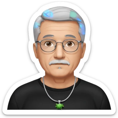 Tony Barceló is a large, strong, lively man in his 70s with short, neatly combed gray hair and a trimmed goatee. broad round face, square glasses, and a confident presence. a black outfit with a silver turtle necklace, reflecting his thoughtful, creative energy as a writer. a stubble  sticker