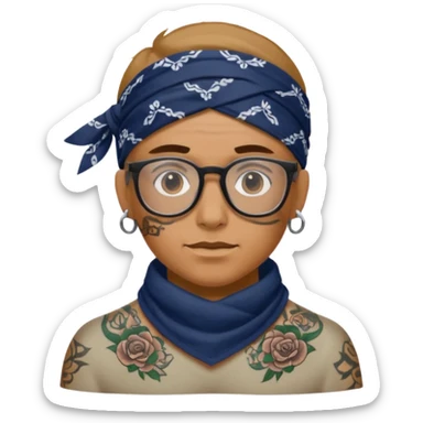character with bandana and glasses and tattoed sticker
