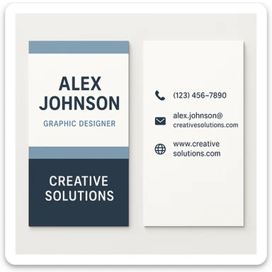 A modern and professional business card for Alex Johnson, Graphic Designer at Creative Solutions. The card should include the name, job title, company name, phone number (123) 456-7890, email alex.johnson@creativesolutions.com, and website www.creativesolutions.com. Use a clean, modern design with a professional color scheme. The card should have a vertical layout. sticker