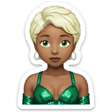 Cynthia Erivo with platinum blonde hair, dark sequin bra, dark green sequin baggy pants  sticker