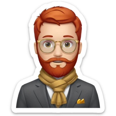 gray scarf, male,  beard, red hair, with suit, gold glasses sticker