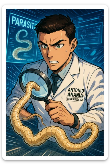 A dynamic manga/webtoon-style illustration of a young male kinesiologist wearing a clean white lab coat, analyzing light beige worms like a tapeworm under a magnifying glass. His expression is focused and slightly intrigued, with sharp, detailed eyes. The art style is vibrant, with bold linework, rich colors, and dramatic lighting. The background is a futuristic laboratory with glowing holographic screens displaying parasite data. The tapeworm is intricately drawn, slimy and segmented, with a slightly exaggerated yet realistic texture. The composition is dynamic, with motion lines or energy effects to emphasize his scientific investigation. The atmosphere is intense but not dark, keeping a balance between scientific seriousness and stylish manga aesthetics, he has "ANTONIO ANANIA" WRITTEN ON WHITE LAB COAT sticker