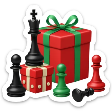 A red gift tied with a green ribbon in a white polka dot, with a knight and pawn chess pieces falling out of the gift sticker