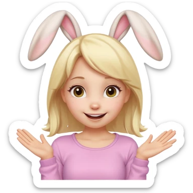 A playful blonde female cartoon character with wide, mischievous eyes, smiling, bunny ears accessory, dynamic pose suggesting movement, pastel colors, minimalistic and cute emoji style. sticker