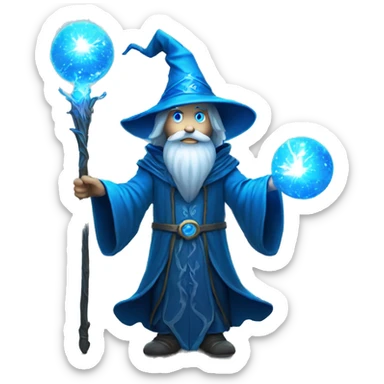 Wizard with staff emitting magical light, ball at the end glowing blue. Mysterious and impressive. sticker