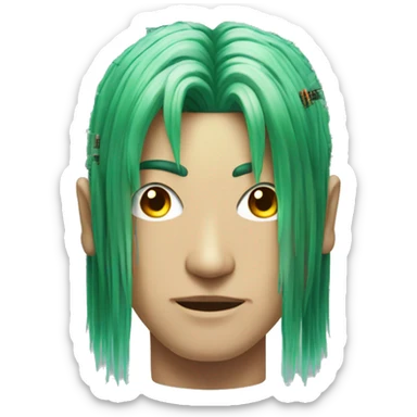 Head of Asian male cyborg with long green hair and circuits sticker