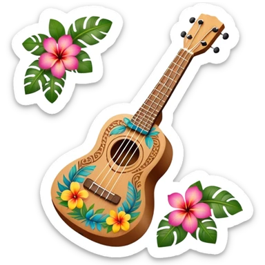 Ukulele with Polynesian carvings laying on flowers sticker