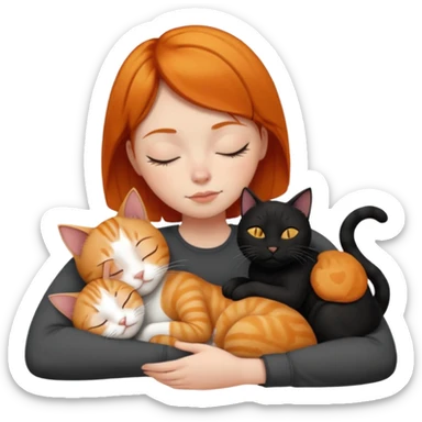 Ginger Girl short hair sleeping with two cats a black and a white bigger cat  sticker