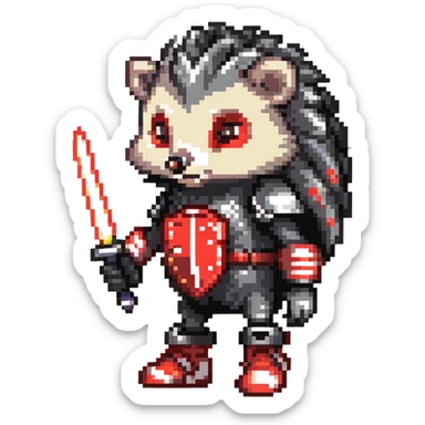 black and red hedgehog with glowing hover shoes and red stripes, standing ready for battle on metallic platforms with neon lights, dark industrial background, mysterious and edgy sticker
