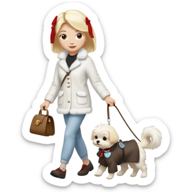 blonde woman, walking a small maltese dog. sticker