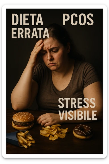 Donna con PCOS che segue una dieta errata, stress visibile in volto e nel corpo, simboli di alimentazione scorretta, luci drammatiche, didascalie in italiano, aspect ratio 2:3 sticker