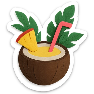 pina colada in a coconut shell with a straw and tropical leaves in paper-craft style sticker
