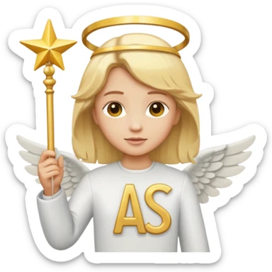 "Um emoji de anjo com cabelos loiros, um halo, asas, segurando um sinal de 'compartilhar' em letras em negrito." sticker
