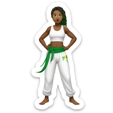 capoeira genie wearing tank top and white capoeira pants with green capoeira belt sticker