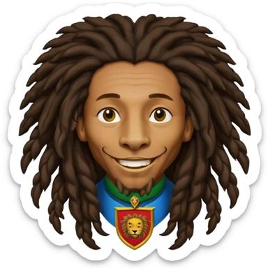 very realistic Bob Marley with gigantic dread locks in form heraldic crest with ethiopian lion sticker