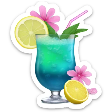 Blue/green cocktail with pink flowers and lemon and straw sticker
