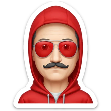 50-year-old man with a thin mustache, black aviator sunglasses, wearing a red hoodie with hood up sticker