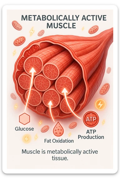 a highly detailed cross-section of human skeletal muscle fibers, shown in vibrant red and pink tones, with visible striations and realistic texture. Glowing arrows and animated icons represent active metabolic processes—such as glucose uptake, fat oxidation, and ATP production—occurring within the muscle tissue. Surrounding the muscle, floating symbols for mitochondria and energy highlight its metabolic activity. The background is clean and clinical, with subtle labels and infographics explaining that muscle is a metabolically active tissue. The overall style is modern, scientific, and visually engaging, suitable for educational or medical use. in italiano sticker