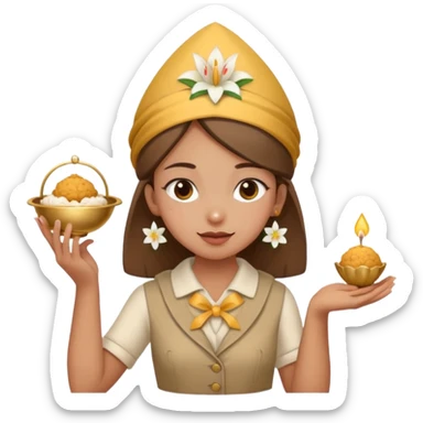 create an image similar to an emoji of a pinni / laddoo as an assamese girl navigating using a compass. She also has a lily on her head. Do not make her very human sticker