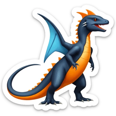 Shiny Black Koraidon-Latios-Salandit-Fakémon-hybrid-creature (full body) with orange belly sticker