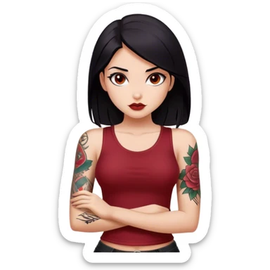 beautiful girl with dark red top, with black straight hair, with tattoo in her right arm, with brown eyes and sexy posture sticker