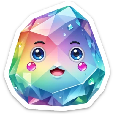 A single pastel rainbow crystal rock character, chubby and heavy with a chunky, irregular polygon shape,covered in faceted crystal planes and small chips, big glossy rainbow eyes  sticker