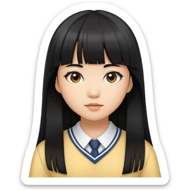 schoolgirl with Asian skin tone, long black hair, and straight cut bangs sticker