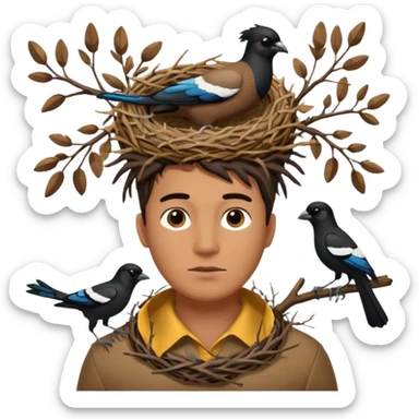 A man who has a magpie birds nest on top of his head for hair sticker