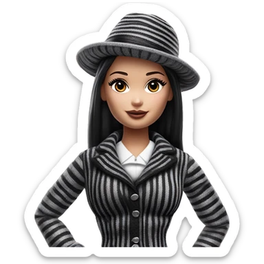 Bouclé Beauty Lingerie Barbie, Wednesday Addams from academy, in dark-gray and black striped outfit with hat. sticker
