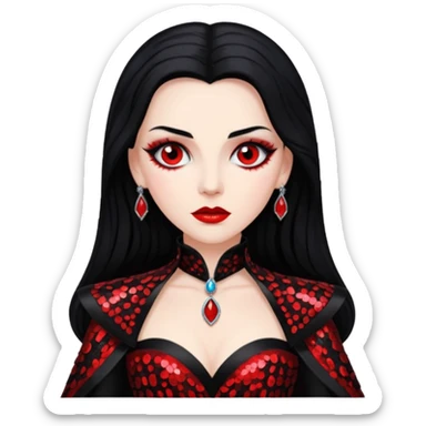 Countess Dracula from Universal Monsters with long jet black hair, black and red sequin outfit  sticker