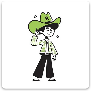 Cowboy wearing green hat with letter R on it sticker