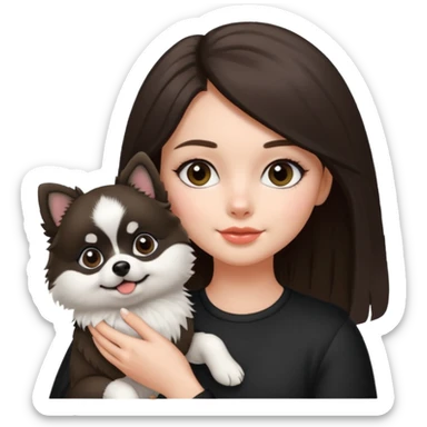 an brunette girl holding her pomeranian dog thats black and white but has white middle part in the face kinda looks like a panda sticker