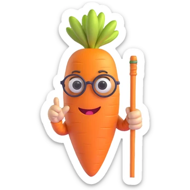 funny icon for archived groceries, very old wrinkled carrot with glasses and cane, silly expression, 3D emoji style, white background sticker
