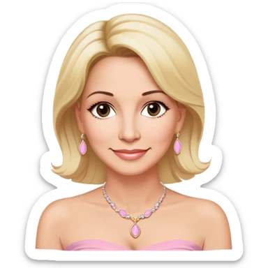 Linette Torres, 50-something Puerto Rican actress with fair complexion, kind-hearted expression, bright caring eyes, soft smile, blonde hair, wearing a light pink strapless top that sits below her shoulders and a simple elegant necklace sticker