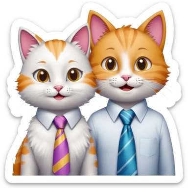 happy girl cat with eyelashes wearing a colorful necktie and happy boy cat wearing a professional necktie standing together side by side, both with cheerful expressions sticker