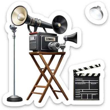 Icon for Directing: a director's chair, a film clapperboard, large movie camera, vintage megaphone and a stage with a spotlight. The icon should represent the creative and organizational aspects of directing, with focus on storytelling, staging, and performance. Transparent background. sticker