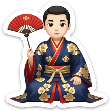Wealthy warlord in ornate kimono, crest on chest, seated with fan in hand. sticker