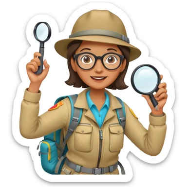 Middle-aged woman explorer with glasses in bright hiking gear and backpack, excitedly holding magnifying glass sticker