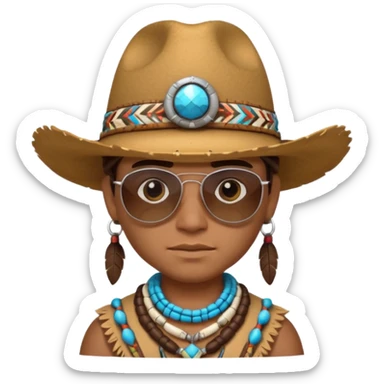 cute Indigenous tribal character portrait, head and shoulders only, cowboy hat, sunglasses, tribal accessories, confident expression, 3D cartoon, mobile game icon style, clean background, no text, no watermark
 sticker