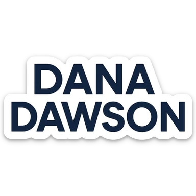 bold geometric sans-serif logo of 'Dana Dawson', modern, clean, blue accent sticker