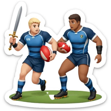 Batalla medieval protagonizada por jugadores y jugadoras de rugby con botas de rugby agarrando armamento y balones sticker