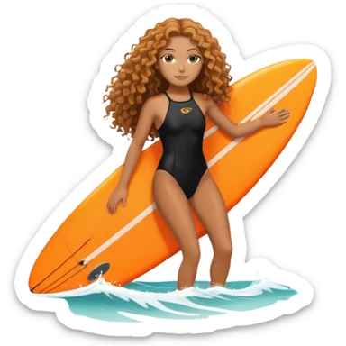 Surfer girl with black swimsuit and orange surfboard and long curly hair sticker