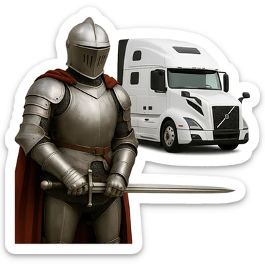 Remove the background, keep only the white knight and the 2022 white Volvo semi sleeper truck with transparent background. sticker