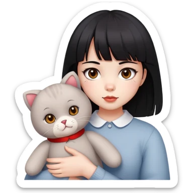  A girl with black eyes, red cheeks, black hair with straight bangs, and white face is holding a British gray cat and a brown teddy bear  sticker
