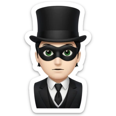 A man with white skin, a black half mask with an eye hole, a black top hat, a black vest with a black tie tucked underneath, and a white collared shirt sticker