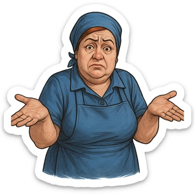 В позе этого мема сгенерируй типичную российскую продавшицу в продуктовом магазине, которая недоуменно разводит руками, слегка рисованный, но при этом объемный стиль, прозрачный фон sticker