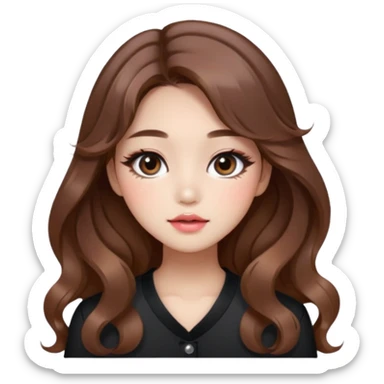 “korean brown hair Emoji girl, soft eyeliner and blush, gradient lips, light brown shimmer eyeshadow, sparkly aegyo-sal, long wavy hair,  sticker