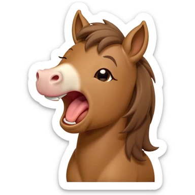 Cinematic Cute Yawning Brown Welsh Pony Portrait Emoji, Head tilted slightly with a dramatic, wide-open yawn, showcasing a sturdy, brown-colored form with softly drooping ears and sleepy, half-closed eyes, Simplified yet irresistibly adorable features, highly detailed, glowing with a soft, cozy earthy glow, high shine, relaxed yet expressive, stylized with a dash of rustic charm, soft glowing outline, capturing the essence of a drowsy yet affectionate brown Welsh pony that appears ready to stretch and yawn its way off the screen! sticker