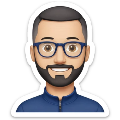 Smiling 40-year-old man with light skin, buzzcut-style very short black hair, gray beard, black glasses, wearing a navy blue athletic zip-neck long sleeve shirt sticker